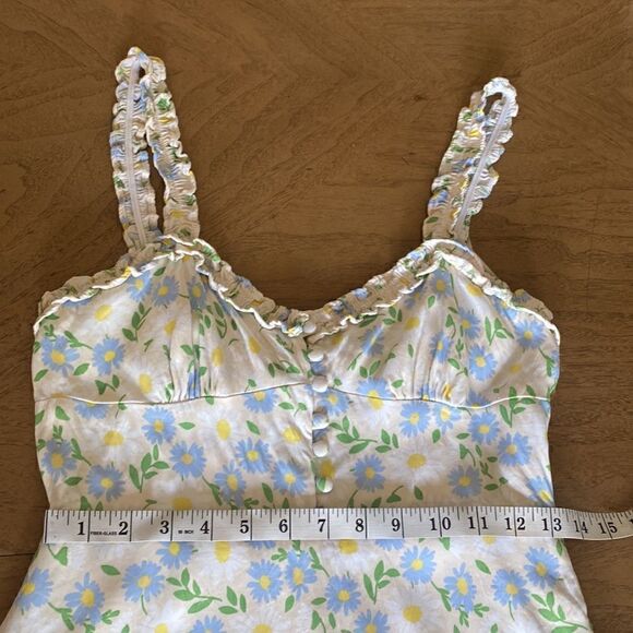 Zara Ivory Yellow Blue Floral Smocked Ruffle Printed Satin Mini Dress Size M - Picture 8 of 11